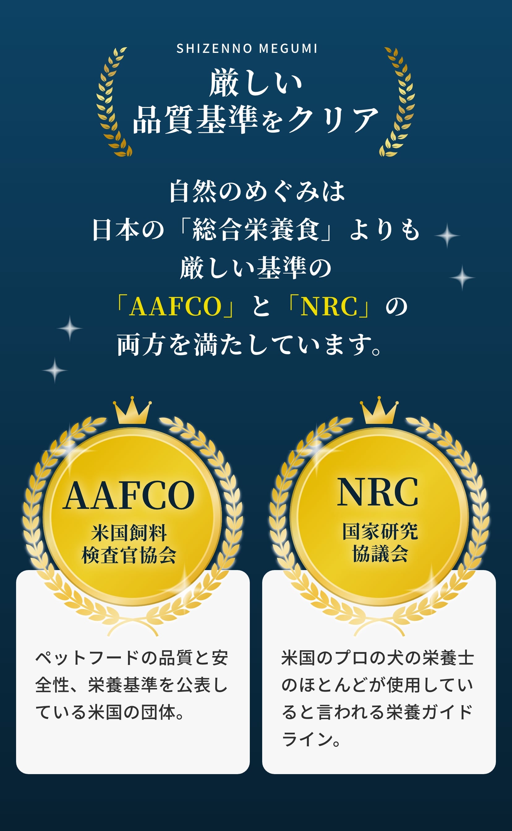 厳しい品質基準をクリア、自然のめぐみは日本の「総合栄養食」よりも厳しい基準の「AAFCO」と「NRC」の両方を満たしています。